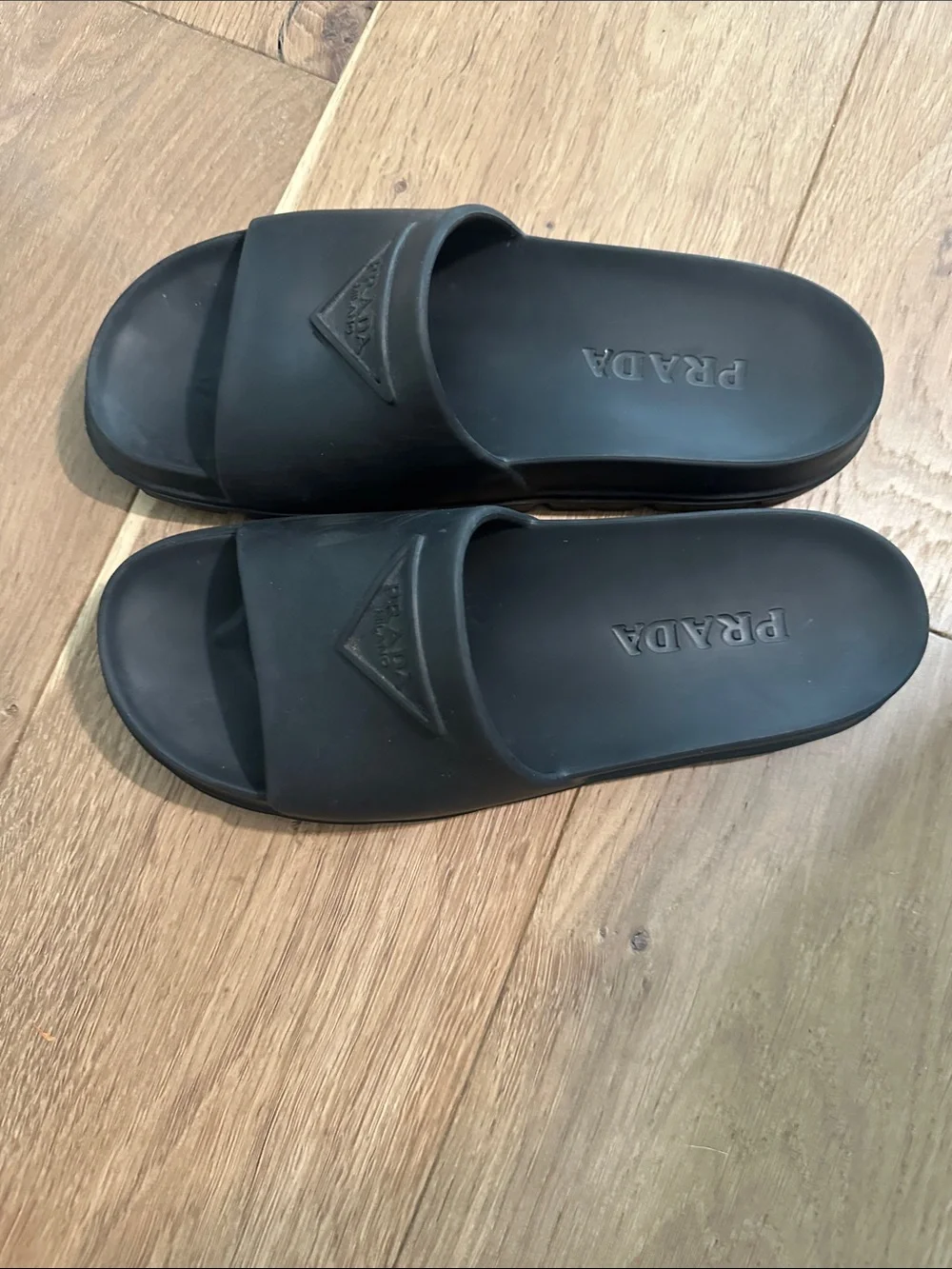 Prada Black Rubber Logo Slide Sandals for women